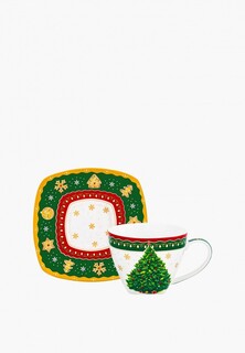 Чашка с блюдцем Elan Gallery 250 мл 11,5х9х7,5 см Новогодняя елка зеленый узор