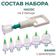 Набор вакуумных банок для массажа, с насосом, 6 шт, d 6,8/5,9/5,2/4,4/3,4/3 см Onlitop