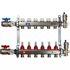 Коллекторная группа с расходомером Stout на 6 выходов 3/4"x3/4" нержавеющая сталь