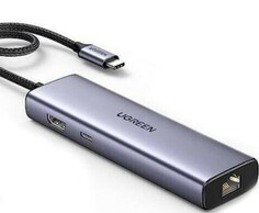 Конвертер UGREEN CM512 USB-C To 3*USB 3.0 A+HDMI+RJ45+PD Converter. Цвет: серый