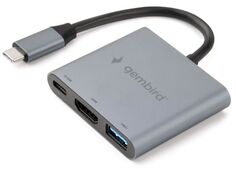 Док-станция Gembird UHB-D2 Type-C 3в1: USB3.1, PD100W, HDMI, кабель 15см, алюминий