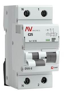 Автомат дифференциальный EKF rcbo6-1pn-25C-100-a-av DVA-6 1P+N 25А (C) 100мА (A) 6кА AVERES