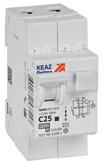 Автомат дифференциальный КЭАЗ 328100 OptiDin D63-22C25-AC-У3 2P C25A 30mA 4,5кА