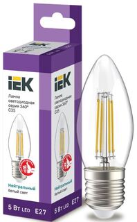 Лампа светодиодная IEK LLF-C35-5-230-40-E27-CL филаментная C35 свеча прозрачная 5Вт 230В 4000К E27 серия 360°