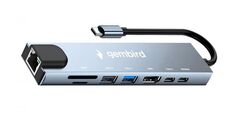 Док-станция Gembird UHB-D3 Type-C, 8в1: USB2.0, USB3.1,Type-C,PD87W,HDMI,SD/TF,RJ45,кабель 20см, алюм