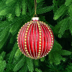 Игрушка ёлочная Yancheng Shiny стеклянный шар красный с золотистыми бусинами