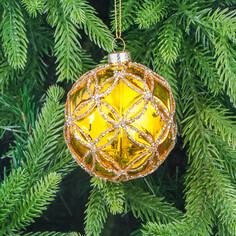 Игрушка ёлочная Mercury NY шар стеклянный золотистый с узором из блёсток 8 см Yancheng Shiny