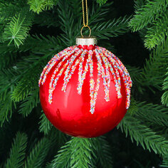 Игрушка ёлочная Yancheng Shiny шар стеклянный красный с узором из блёсток 8 см