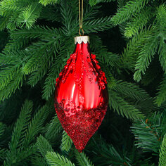 Игрушка ёлочная Yancheng Shiny шар стеклянный красный с узором из красных блёсток 6х6х13 см