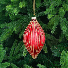 Игрушка ёлочная Yancheng Shiny шар стеклянный красный с золотистым орнаментом полосы 8х8х15 см