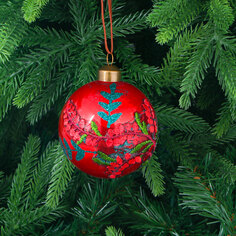Игрушка ёлочная Yancheng Shiny стеклянная шар красный с вышивкой 8 см